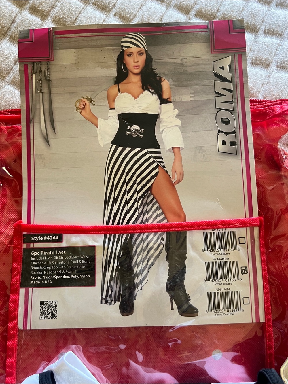 Roma Black & White Striped High-Low Pirate Skirt costume opened but never used.
